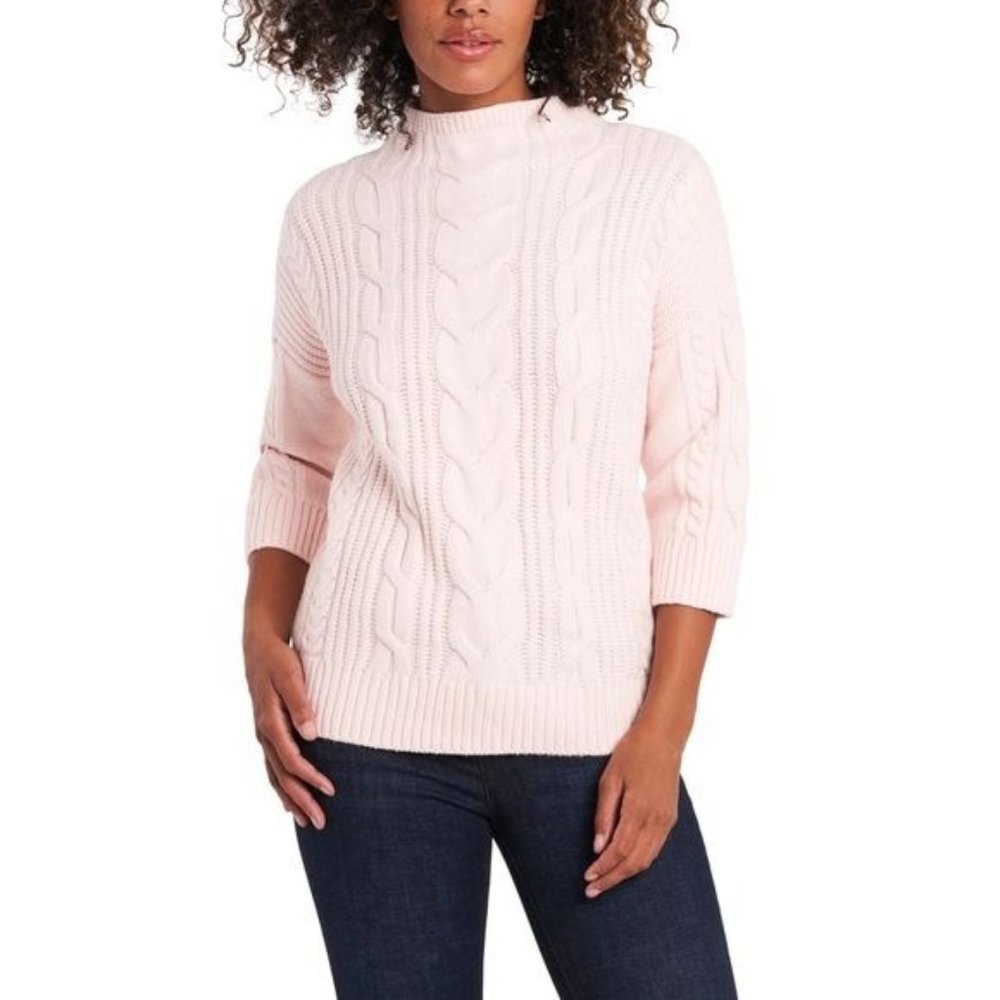 Vince Camuto Cable Stitch Elbow-Sleeve Mock Neck Drop Shoulder Knit Sweater NWT